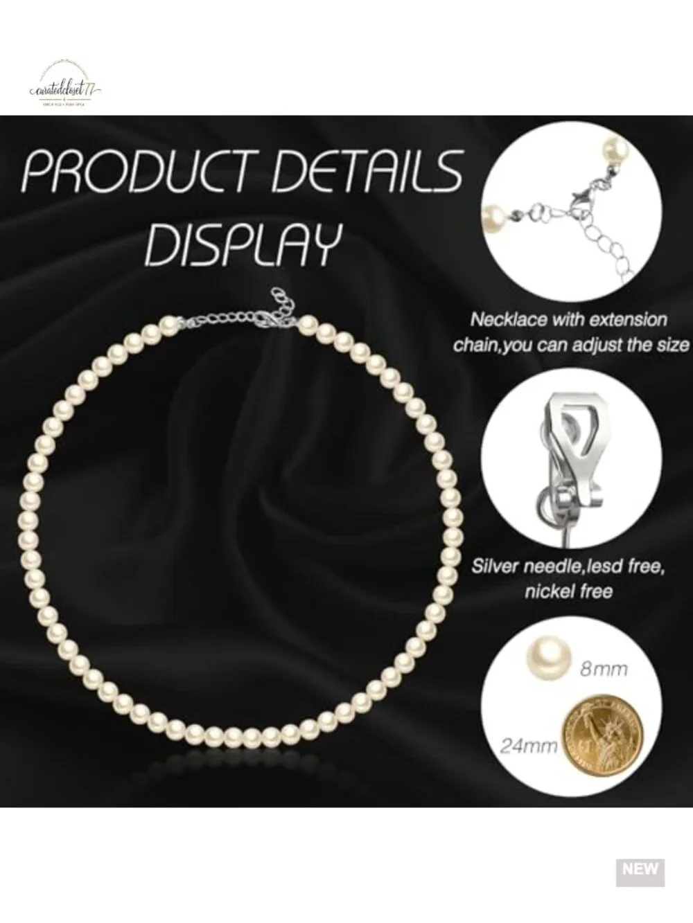 Faux Pearl Clip-On Earring Necklace Bracelet Set for Women